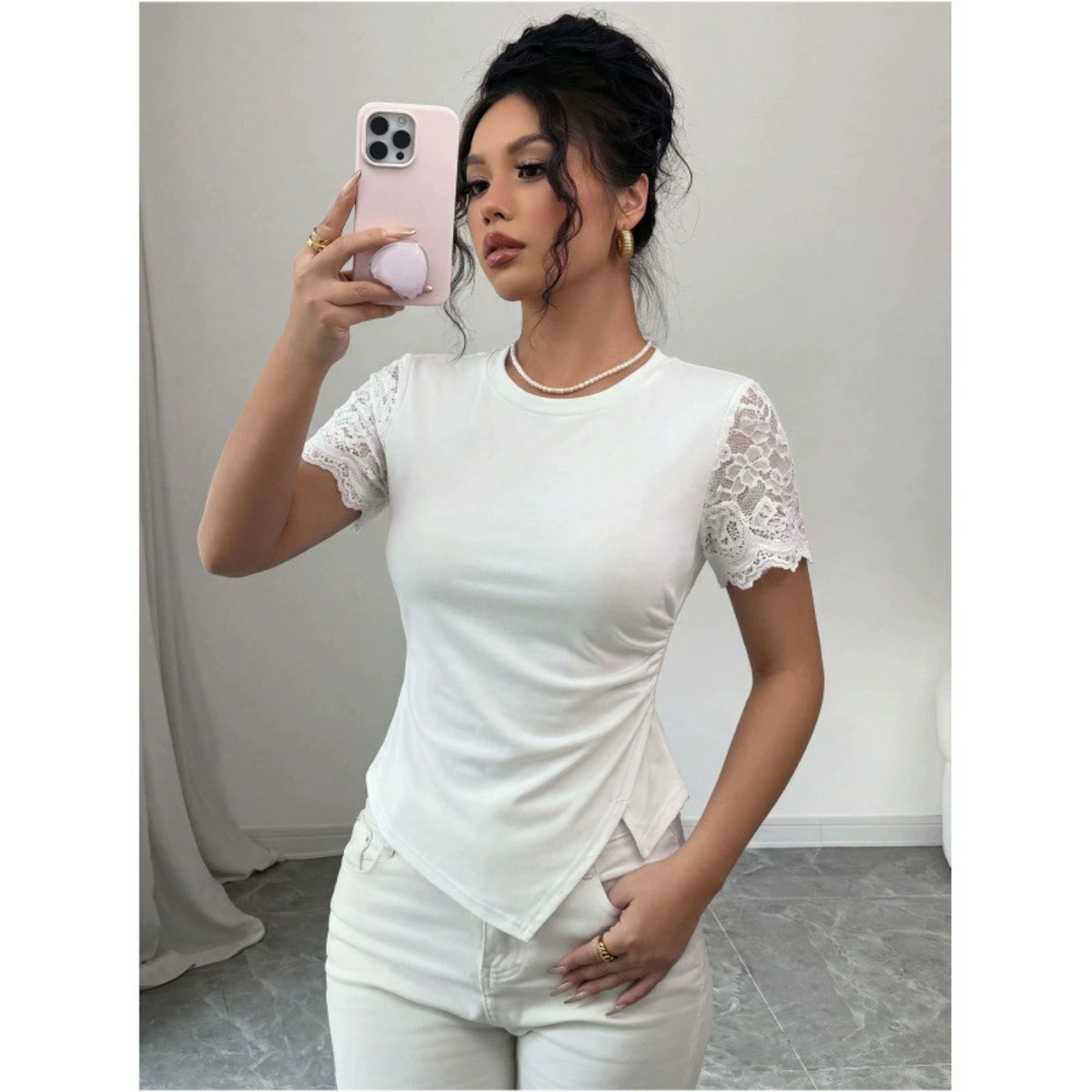 ZARA Womens Summer Casual Slim Fit Round Neck Chic Lace Short Sleeve T Shirt
